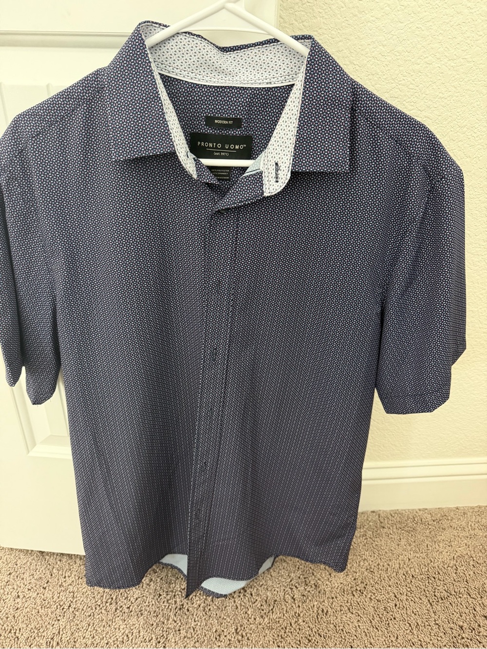 Pronto Uomo Men's Navy Micro-Pattern Short Sleeve Shirt size medium modern fit